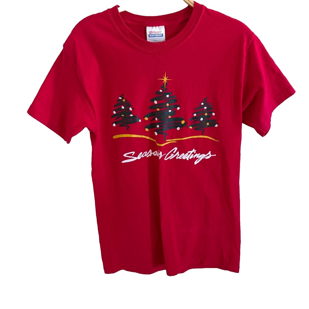 Vintage 80s Women'sโ Christmas T-Shirt Seasons Greetings Hanes Festive Cotton